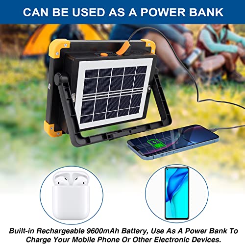 ErayLife 100W Rechargeable Work Light, FloodLights with 348Leds/ USB Port/Solar Panel/ 4 Lighting Modes, Portable Work Lights for Camping Emergen