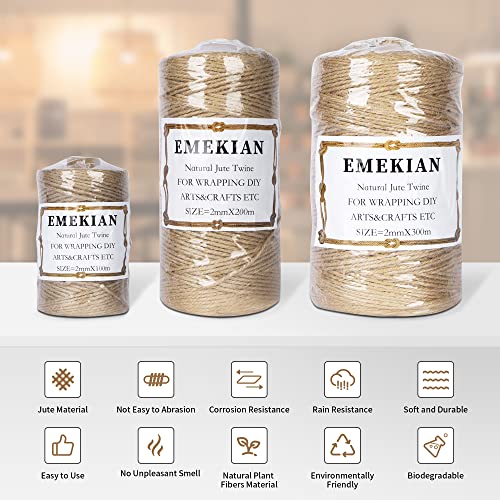 EMEKIAN 100M Natural Jute Twine, Jute String Rope 3 ply 2mm Thickness, Garden Twine String for Weddings, Floristry, Gifts, DIY Arts&Crafts, Decor