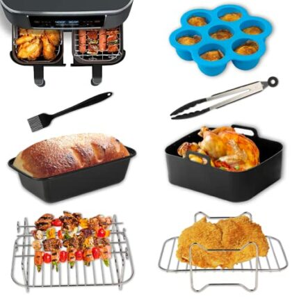 Apluskis Dual Air Fryer Accessories with Air Fryer Silicone Liners, 7 PCS Double Basket AirFryer Accessory Set for Ninja AF300UK AF400UK, Tower T