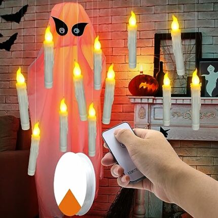 Ymenow Floating Candles Harry Potter, 12pcs Battery Flameless Fake Tapered Candles Flickering with On Off Remote Control & Fishing Line for Home