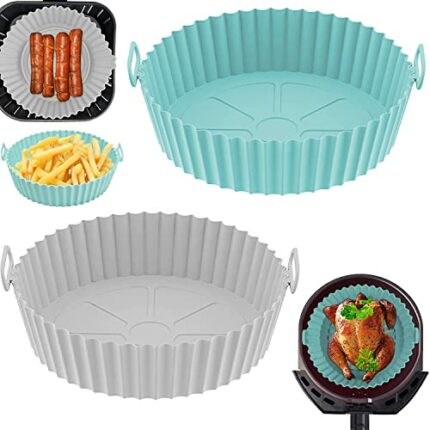 2 Pcs Air Fryer Silicone Liner, 7.9" Reusable Silicone Air Fryer Liners, Non-Stick Air Fryer Accessories for Ninja, Tower, COSORI (Blue + Gray)