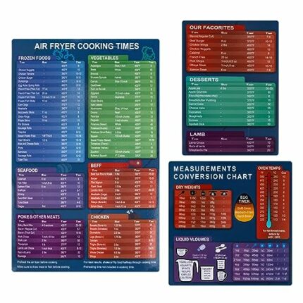 3Pack Air Fryer Cooking Times Chart UK, Conversion Magnetic Sheets Air Fryer Cooking Guide Cheat Sheet with Celsius and Measurement Quick Referen