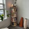 MYOYAY 4-Tier Solid Wood Bookshelf Floor Standing Bookcase 360° Rotation Book Storage Cabinet Magazines Potted Plants Display Stand Holds Up to 2