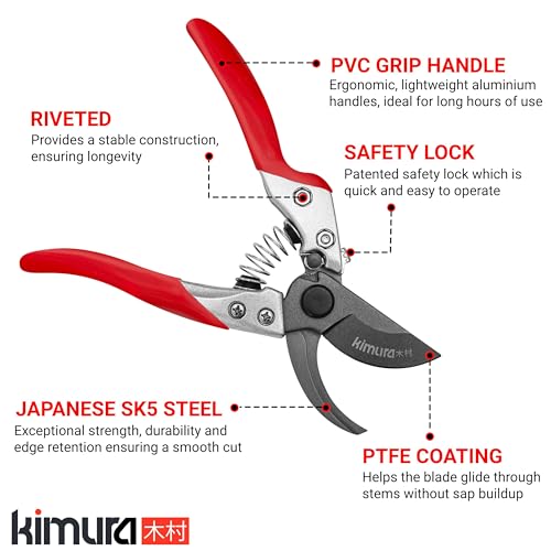Kimura 8" Pro Bypass Garden Secateurs, Heavy Duty Premium Japanese SK5 Steel Blades, Non-Slip PVC Coated Handles, Lightweight & Ergonomic, Japane