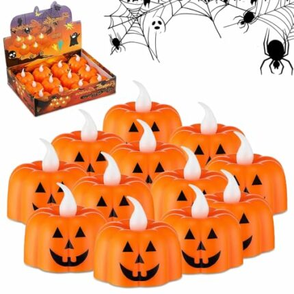 Aongray 12PCS Pumpkin Tealights Candles Flameless Halloween Party Decorations, Flickering Candle Lights Battery Operated LED Tea Lights - 3D Oran