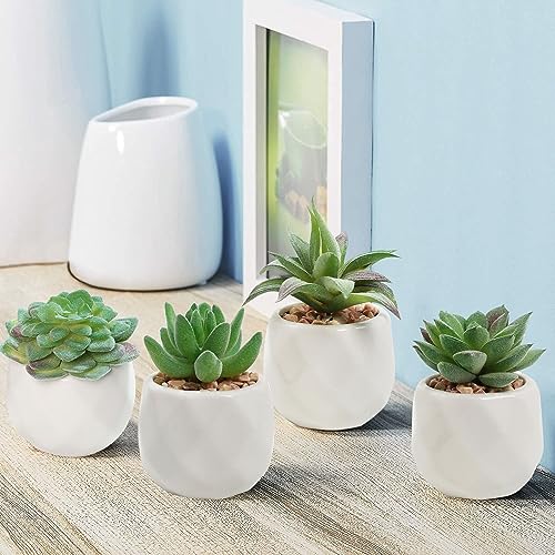 Duscdesp Set of 4 Mini Faux Succulents Plant with Pots,Small Succulent Fake Plants in Ceramic Pots, Artificial Plastic Plants Indoor for Office K