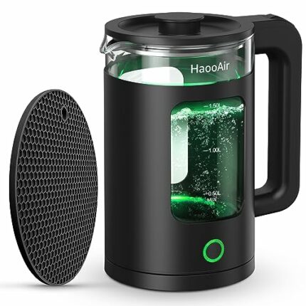 Haooair Kettle, 1.5 Liter Electric Kettle with Green LED, Easy to Clean Glass Kettle, Fast Boil Quiet, BPA-Free, Boil-Dry Protection (Gifts: Blac