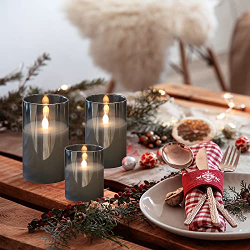 HIYAA LED Flameless Candles, Gray Glass Battery Operated Candles Flickering with Remote, 3D Wick Realistic Warm Light LED Candles Flickering with
