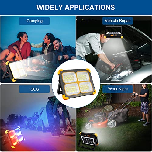ErayLife 100W Rechargeable Work Light, FloodLights with 348Leds/ USB Port/Solar Panel/ 4 Lighting Modes, Portable Work Lights for Camping Emergen