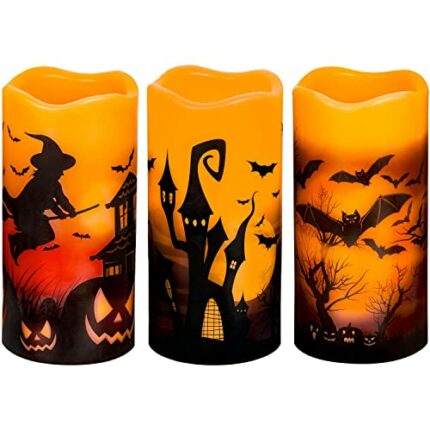 3 PCS Battery Operated Flameless Flickering Candles with 6 Hour Timer, Real Wax Electric LED Halloween Fake Pillar Candles with Castle, Witch, Ba