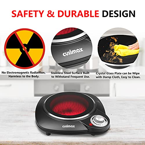 Cusimax CMIP-B112 Portable Hot Plate, Hot Plates for Cooking, Single Ceramic Hob, Black Stainless Steel, 1200W Electric Single Burner, Infrared C