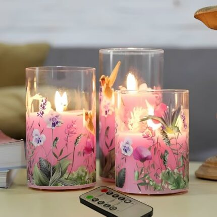 Eywamage Pink Hummingbird Glass Flameless Candles with Remote, Flickering Floral LED Pillar Candles Φ 3" H 4" 5" 6"