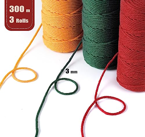 ilauke Macrame Cord 3mm x 100m, 3 Roll Garden Twine, Garden String Twine for Crafts, Natural Cotton Rope for Wall Hanging, Plant Hangers, 4-ply (