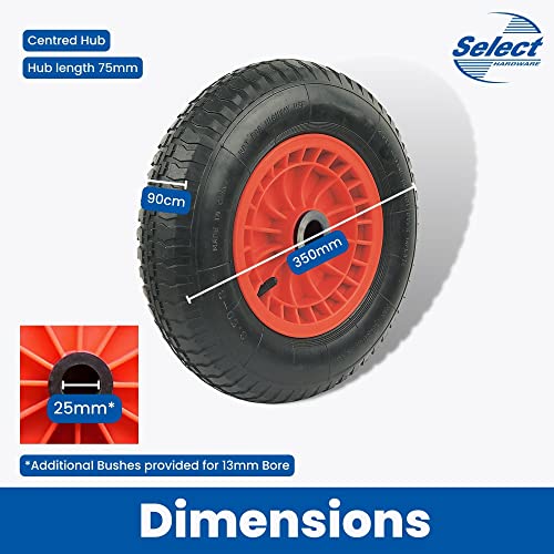 Select Hardware 350mm (14-Inch) Pneumatic Wheelbarrow Wheel with 25mm (1") & 13mm (5/8") Centre, 3.50-8 Replacement Tyre for Wheelbarrow/Truck/Tr
