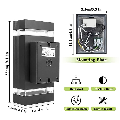 HLFVLITE Dusk to Dawn Outdoor Wall Light, Aluminum Outside Light Fixture with 5w LED Bulbs, Waterproof Exterior Wall Lamp Up & Down Outdoor Light