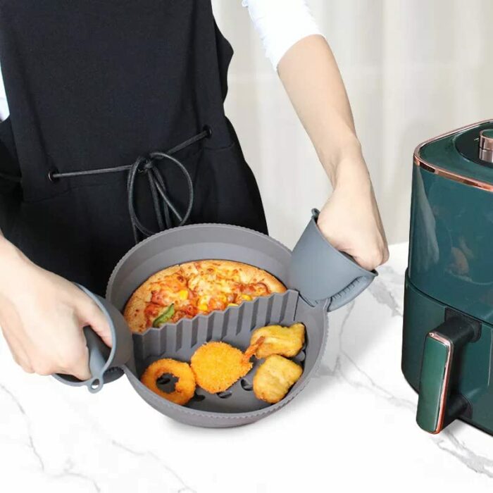 Silicon Air fryer liner, gray round baking tray with spacer and gloves, reusable air fryer liners, Air fryers accessories.