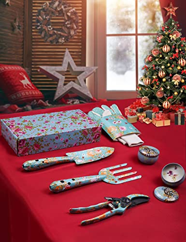 Gardening Gifts For Women, TOYPOPOR 6Pcs Garden Tools Set with Floral Print, included Trowel Fork Scissors 2 Candles and Gloves, Mother's day Bir