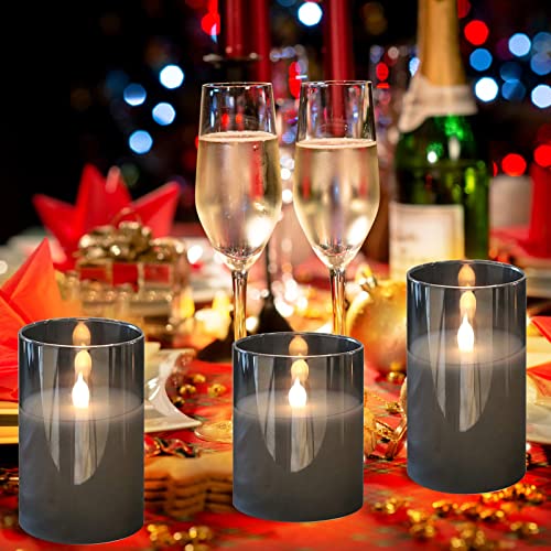 HIYAA LED Flameless Candles, Gray Glass Battery Operated Candles Flickering with Remote, 3D Wick Realistic Warm Light LED Candles Flickering with