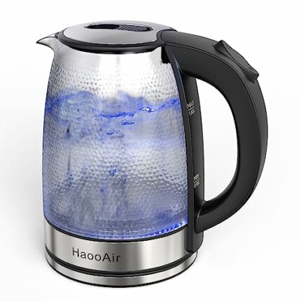 Haooair Electric Kettle, 1.8 liter Hammered Glass Kettle, 1200 Watt Water Kettle with Blue LED, Fast Boil Quiet, Easy to Clean Limescale Inner Li