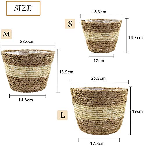 KAHEIGN 3Pcs Seagrass Planter Basket, 3 Size Woven Plant Pot Indoor Outdoor - Flower Pots Cover Storage Basket Plant Containers for Home Decor (B