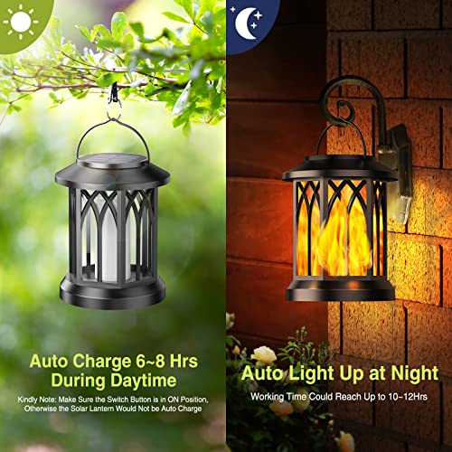 KOOPER Solar Lights Outdoor Garden, 2 Pack Hanging Solar Garden Lanterns with Realistic Flickering Flame LED, Waterproof Flame Effect Solar Garde