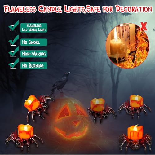 OBISEN Halloween Tea Lights Candles,Flameless Spider Led Candle,6 Pack Battery Candle Halloween Lights for Halloween Decorations Outdoors & Indoo