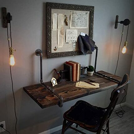 Industrial Retro Pipe Wall Mounted Office Desk Rustic Hanging Table Solid Wood Computer Table Floating Shelves for Home Office Dual-Purpose Table