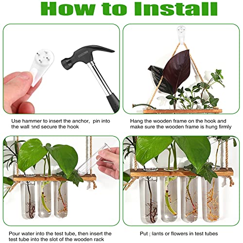 Plant Propagation Station, Qupzze Wall Hanging 2 Tiered Test Tubes Propagation Station with Wooden Stand, Propagation Planters Glass Tube for Hyd