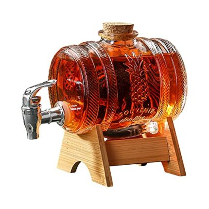 Whiskey Decanter Set, Barrel Glass Dispenser with Tap and Wooden Stand Set, 1L Drink Dispenser for Beer Wine Scotch Bourbon Lemonade Liquor Party