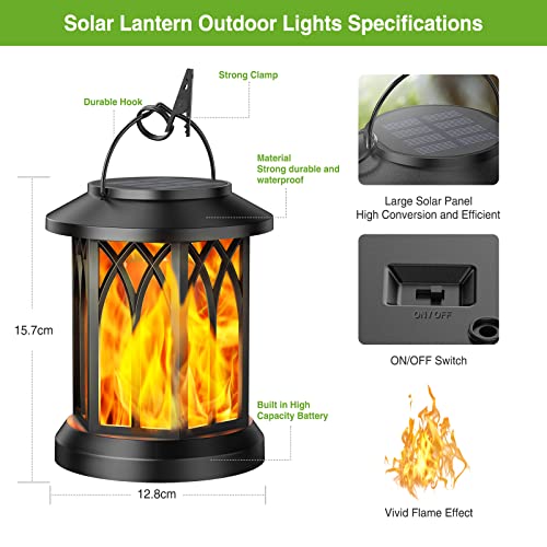 KOOPER Solar Lights Outdoor Garden, 2 Pack Hanging Solar Garden Lanterns with Realistic Flickering Flame LED, Waterproof Flame Effect Solar Garde