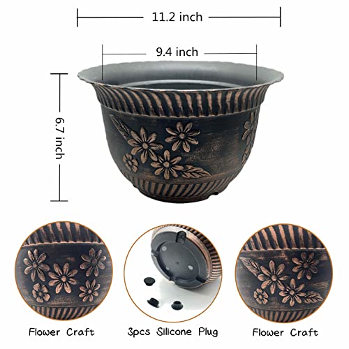 KOOYAT Plant Pots Flower Pot 11.2 Inch Plant Pots Indoor with Drainage Holes 3 Pack Planters Garden Pots Plastic Plant Pot with Antique Copper Co