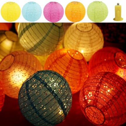 Qlisytpps Paper Lanterns with LED Lights 10 Colours Chinese Japanese Lantern Oriental Style Traditional Asian Bedroom Paper Lamp for Home Wedding