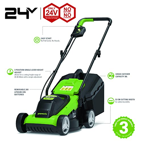 Greenworks G24LM33 Cordless Lawnmower for Smaller Lawns up to 280m², 33cm Cutting Width, 30L Bag WITHOUT 24V Battery & Charger, 3 Year Warranty