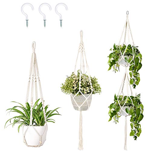 Fayavoo Macrame Plant Hangers Indoor, 3 Pack Wall Hanging Planter Basket Cotton Rope Flower Pot Macrame Hanging Plant Holders with 3 Hanging Hook