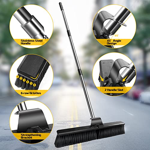 Midyb Yard Brush, 63cm Heavy Duty Garden Broom with 2 Brush Heads & 144cm Stainless Steel Handle, Outdoor Broom with Hard Bristles for Sweeping Y
