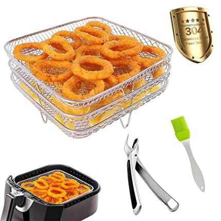 3 Pcs Air Fryer Rack for Ninja, Stackable Square Tower Air Fryer Accessories,304 Stainless Steel Air Fryer Basket with Clips and Oil Brush, for A