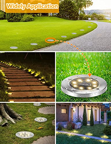 Solar Outdoor Garden Ground Lights, 8 LED Waterproof Patio Disk Lights, In-Ground Landscape Lighting, Floor Path Lights for Walkway, Lawn, Steps