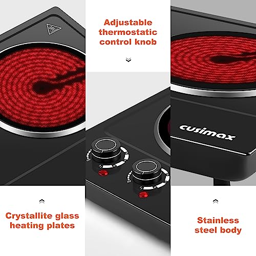 CUSIMAX Hot Plate, Double Burner Electric Ceramic Stove, Electric Double Hob with Adjustable Temperature Control