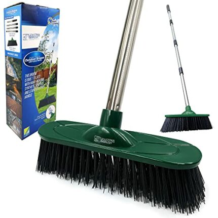 Yard Broom Outdoor Heavy Duty, 10” Synthetic Hard Bristle Brush Head and 4-Sections Stainless Steel Handle, Stiff Sweeping Broom for Cleaning Gar