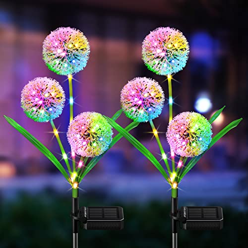 BUCASA Solar Lights Outdoor Garden, 2 Pack Solar Garden Lights with 6 Blooming Dandelion and 36 Colourful LEDs, Waterproof Solar Powered Garden O