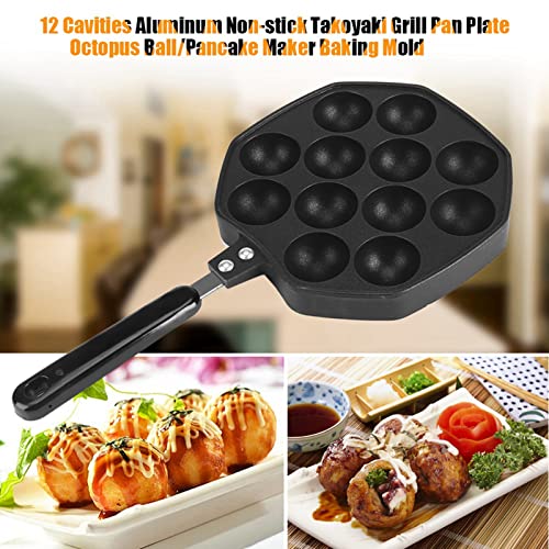 Aebleskiver Cast Iron NonStick Pan, 12 Cavities Aluminum Non-Stick Takoyaki Grill Pan Plate Octopus Ball/Pancake Maker Baking Mold for Other Dess