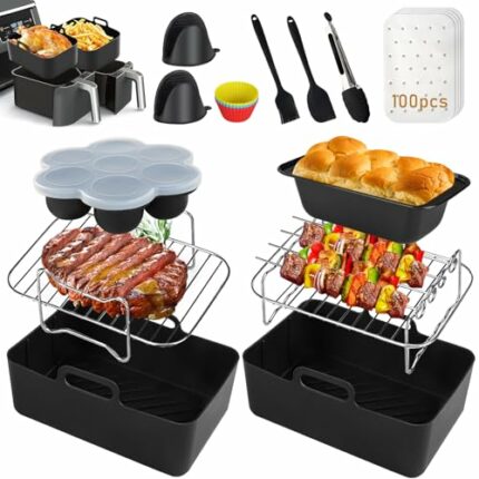 Silicone Air Fryer Liner,Set of 12 Air Fryer Accessories for Ninja Dual AF300UK AF400UK Including Reusable Air Fryer Liner & Dual Air Fryer Racks