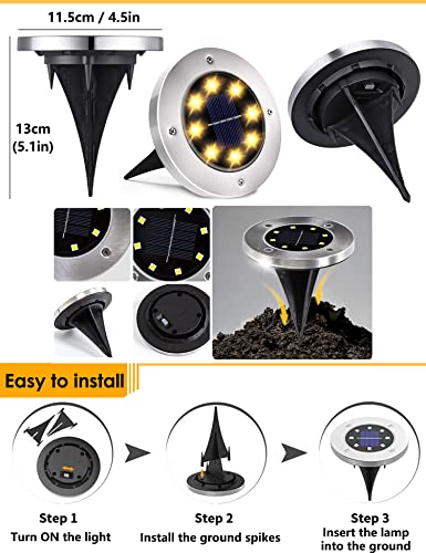 Solar Outdoor Garden Ground Lights, 8 LED Waterproof Patio Disk Lights, In-Ground Landscape Lighting, Floor Path Lights for Walkway, Lawn, Steps