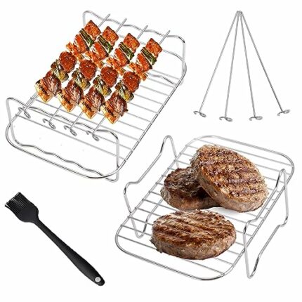 Air Fryer Rack 7-Piece Set, 2 Pcs Double Layer Rack with 4 Skewers and Brush 304 Stainless Steel Air Fryer Rack Suitable for AF300UK/AF400UK Air