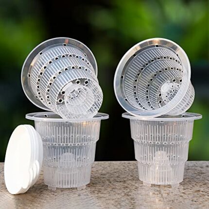 Meshpot 10cm Clear Plastic Orchid Pots with Holes and Saucers Orchid Planter for Home Decoration - 4 Pack