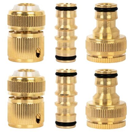 BLOSTM Brass Garden Hose Connector 6 Pack - Rustproof Hose Fittings & Connectors Set with 2x Double Male Connector, 2x Hose ½” End Quick Connect,