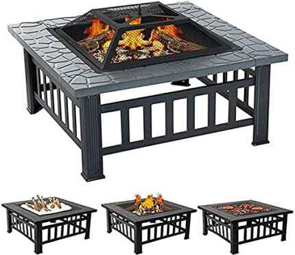 NaoSIn-Ni 3 in 1 Fire Pit with BBQ Grill Shelf for Garden Patio, Outdoor Metal Brazier Square Table Firepit Heater/BBQ/Ice Pit