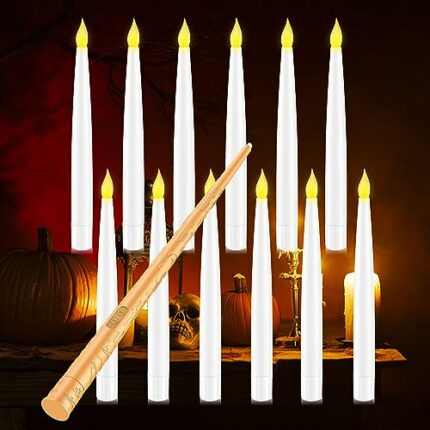 MEDE Flameless Floating Candles with Magic Wand Remote, 12Pcs Flickering Warm Light LED Taper Candles, Battery Operated Candles for Christmas Hal