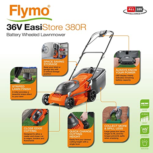 Flymo 36V EasiStore 380R Cordless Lawnmower – Without Power For All Battery and Charger, 38cm Cutting Width, Striped Lawn Finish, Close Edge Cutt