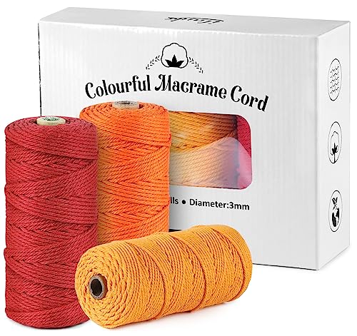 ilauke 3 Roll Macrame Cord 3mm x 100m, Macrame Rope Natural Gardening Twine, Cotton Rope Craft String for Projects, Wall Hanging, Plant Hangers,